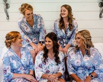 Dusty Blue Wedding Robes | Bridesmaid Gift| Bridal Party Robes| Soft Robes with Floral | Kimono | Bridal Party Robes | Floral Wedding Robes