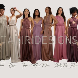 Peut inclure: Sept femmes portant des robes infinies de diff&eacute;rentes couleurs. Les robes sont de couleur taupe clair, hu&icirc;tre, taupe, mauve, moka, rose poudr&eacute; et bois de rose. Les robes sont toutes longues et fluides, et elles sont parfaites pour un mariage ou une autre occasion sp&eacute;ciale.