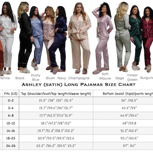 May include: Size chart for long satin pajamas in various colors, including rust, white, black, dusty blue, blush, navy, champagne, soft mauve, sage green, forest green, burgundy, and dusty rose. The chart shows sizes XS to 3XL with corresponding bust, top length, sleeve length, waist, and pants length measurements in inches.
