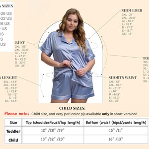 May include: A size chart for pajamas with measurements in inches for bust, shoulder, shorts length, shorts waist, and top length. The chart also includes sizes for toddlers and children with measurements in inches.