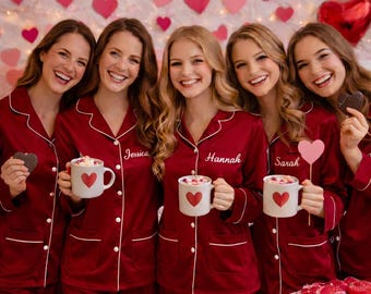 Galentine’s Day Satin Pajamas – Women’s Silky PJ Set, Short or Long Pants Option