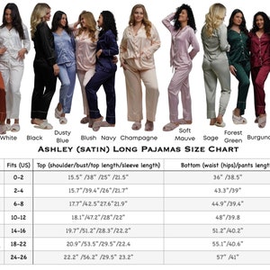 May include: Size chart for long satin pajamas in various colors, including rust, white, black, dusty blue, blush, navy, champagne, soft mauve, sage green, forest green, burgundy, and dusty rose. The chart shows measurements for the top (shoulder, bust, top length, sleeve length) and bottom (waist, hips, pants length) in inches for sizes XS to 3XL.
