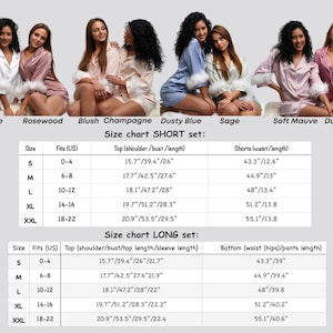 May include: Size chart for a short and long set of pajamas. The chart shows the size, fit in US sizes, top measurements in inches, and bottom measurements in inches. The chart includes sizes S, M, L, XL, and XXL.