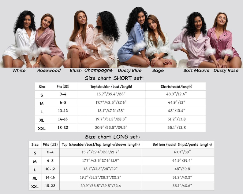 May include: Size chart for a short and long set of pajamas. The chart shows the size, fit in US sizes, top measurements in inches, and bottom measurements in inches. The chart includes sizes S, M, L, XL, and XXL.