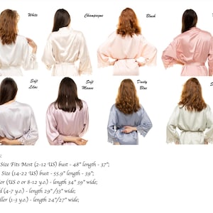 May include: A set of ten satin robes in various colors, including white, champagne, blush, dusty rose, soft lilac, soft mauve, dusty blue, and sage. The robes feature lace trim and are available in a variety of sizes, including one size fits most, plus size, junior, child, and toddler.
