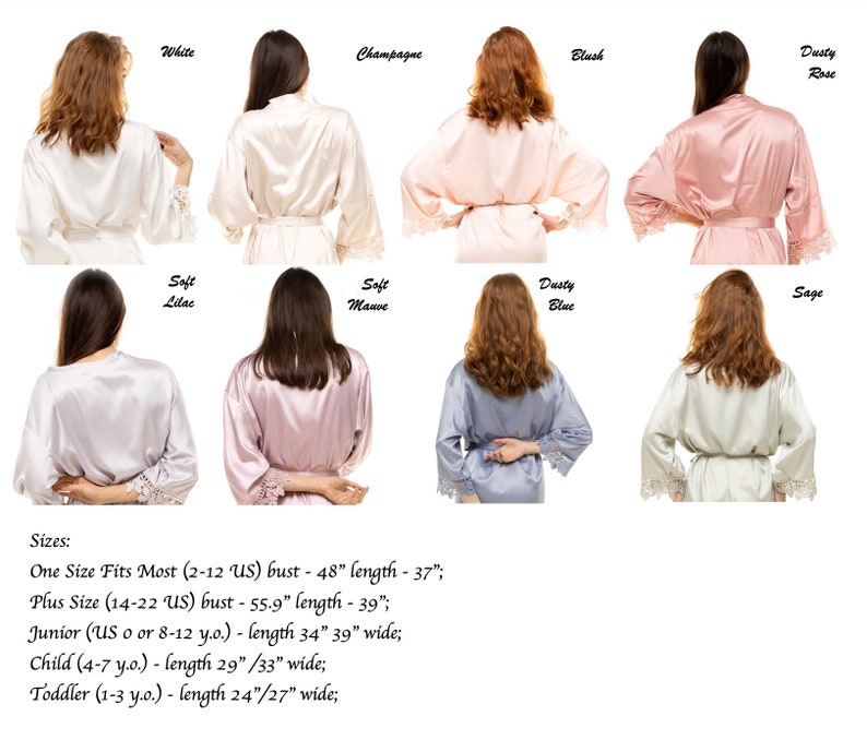 May include: A set of ten satin robes in various colors, including white, champagne, blush, dusty rose, soft lilac, soft mauve, dusty blue, and sage. The robes feature lace trim and are available in a variety of sizes, including one size fits most, plus size, junior, child, and toddler.
