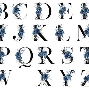 May include: An alphabet with each letter decorated with blue watercolor flowers and leaves. The letters are black and outlined in white.