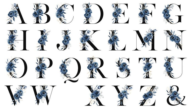 May include: An alphabet with each letter decorated with blue watercolor flowers and leaves. The letters are black and outlined in white.