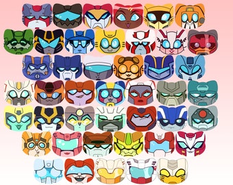 May include: A grid of 40 colourful cartoon cat faces, each with a different Transformer character's head. The characters are all in their robot mode, with their signature colours and features.