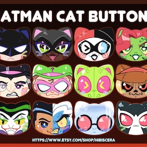 May include: A set of 12 colorful cat-themed buttons featuring characters from the Batman universe. The buttons feature characters like Batman, Catwoman, Harley Quinn, Poison Ivy, The Riddler, Two-Face, Scarecrow, and more. The buttons are perfect for adding a touch of whimsy to your bag, jacket, or other accessories.