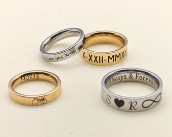 Personalised Stainless Steel Ring, Custom Engraved, 4/6mm