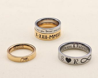 Personalised Engraved Stainless Steel Ring, Custom Name Date Ring, 4/6mm