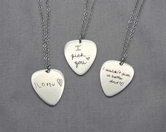 Actual Handwriting Guitar Pick Necklace, Personalised Handwritten Note Necklace, Memorial Signature Jewellery Gift