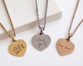 Real Handwriting Personalised Heart Necklace . Custom Engraved . Bridesmaids Gifts. Personalized Jewelry