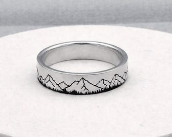 Mountain Forest Ring – Custom Engraved Message - Stainless Steel Band – Nature Lover Gift