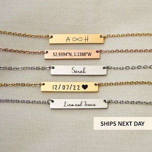 Personalisierte Bar Halskette. Individuelle Gravur. Name Halskette. Datum Halskette. Koordinaten Halskette. Brautjungfern-Geschenke. Personalisierter Schmuck