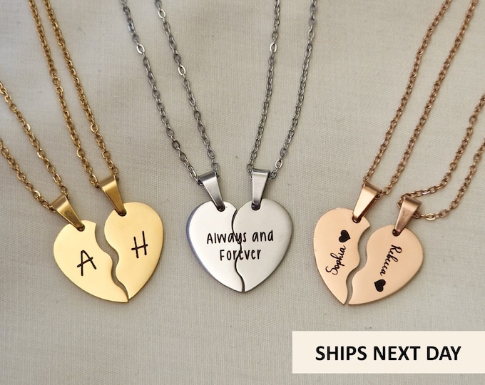 Personalised Best Friends Heart Necklaces Couples Necklaces Custom Engraved Gift For Her Minimalist Bridesmaid Gift Birthday Gift