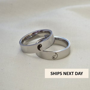 Personalised Yin and Yang Couples Rings, Stainless Steel. 4/6mm. Opposite Rings, Best Friend Rings Set. Matching Rings.