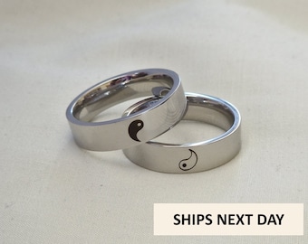 Personalised Yin and Yang Couples Rings, Stainless Steel. 4/6mm. Opposite Rings, Best Friend Rings Set. Matching Rings.