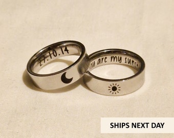 Personalised Couple Rings Sun and Moon Ring set. Stainless Steel. 4/6mm. Best Friend Rings Set. Matching Rings.