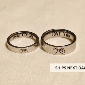 Personalised Pinky Promise Couples Rings, Stainless Steel. 4/6mm. Pinky Swear Best Friend Rings Set. Matching Rings. All sizes 4-14
