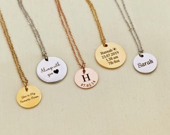 Custom Engraved Disc Necklace • Handmade Personalised Pendant • Name Date Coin Charm • Gift Jewellery