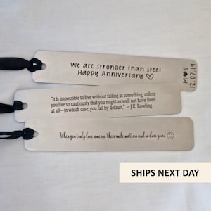 Personalised Stainless Steel Bookmark, Custom Quote Bookmark, Engraved Metal Bookmark, Black Ribbon, Bookmark Gift