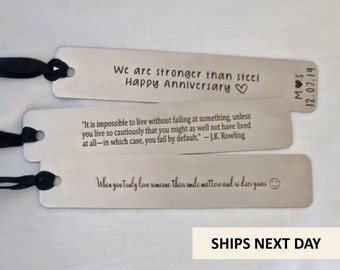 Personalised Stainless Steel Bookmark, Custom Quote Bookmark, Engraved Metal Bookmark, Black Ribbon, Bookmark Gift