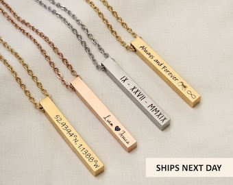 Personalised Vertical Bar Necklace, Custom Engraved Gift For Her, Minimalist