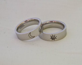 Personalised Couple Rings Sun and Moon Ring set. Stainless Steel. 4/6mm. Best Friend Rings Set. Matching Rings. 9 Designs