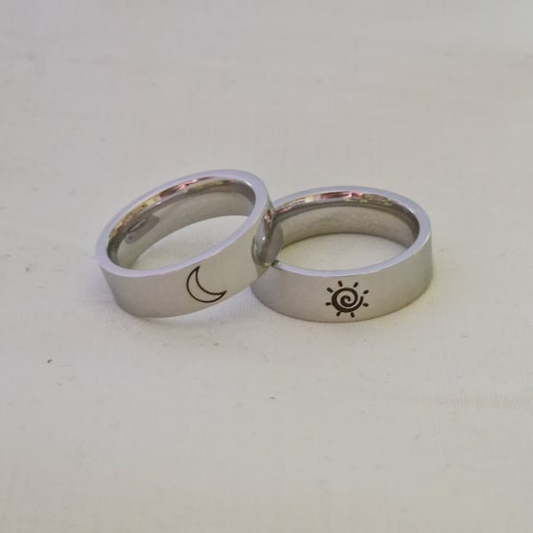 Personalised Couple Rings Sun and Moon Ring set. Stainless Steel. 4/6mm. Best Friend Rings Set. Matching Rings. 9 Designs