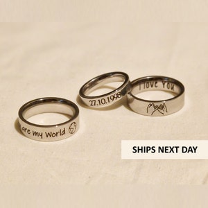 Personalised Ring, Custom Engraved, 4/6mm, Stainless Steel, Name Date Coordinates, Unique Gift