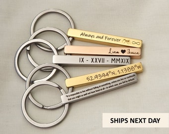 Personalised Bar Keyring Metal Keychain Fob Custom Engraved Text 3 Colours