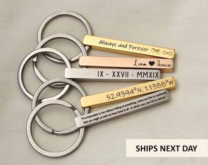 Personalised Bar Keyring Metal Keychain Fob Custom Engraved Text 3 Colours