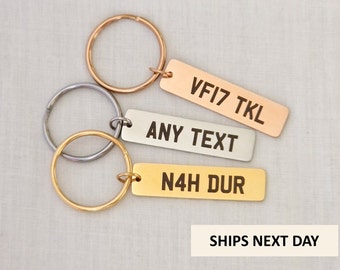 Personalised Number Plate Keyring, Laser Engraved Steel Keychain, Silver Rose Gold
