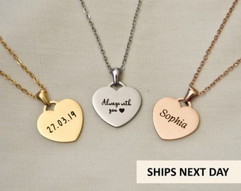 Personalised Gift, Engraved Heart Necklace, Any Text, Name Date Necklace, Gift for Her, Birthday, Anniversary