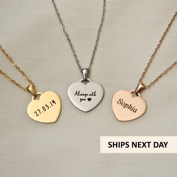 Personalised Gift Engraved Heart Necklace Any Text Name Date