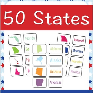May include: A printable matching game for kids featuring outlines of the 50 US states and their names. The game is designed to help children learn about the states and their locations.