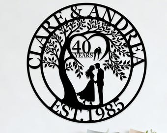 Letrero metálico de 40.º aniversario, regalo personalizado de 40.º aniversario para padres, 40 años juntos, regalo de aniversario de rubí, arte mural de aniversario de bodas.