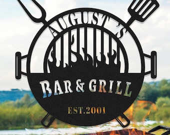 Insegna da bar in metallo personalizzata, insegna da grill personalizzata, decorazione da parete per bar, insegna da bar e grill, appendino per porta da bar, insegna con nome da bar, regalo per la festa del papà