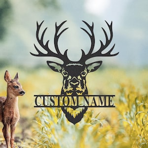 Panneau en métal tête de cerf, nom personnalisé de cerf, panneau de chasse personnalisé, art mural cerf, panneau homme des cavernes, décoration de cabane pour chasseur, cadeau de ferme