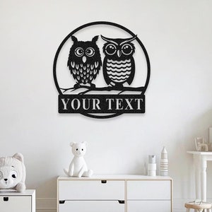 Custom Owl Metal Sign,Owl Metal Wall Decor,Owl Monogram Sign,Two Owls Name Sign,Front Door Sign,Kids Room Decor,Wall Art,Owl Lover Gift
