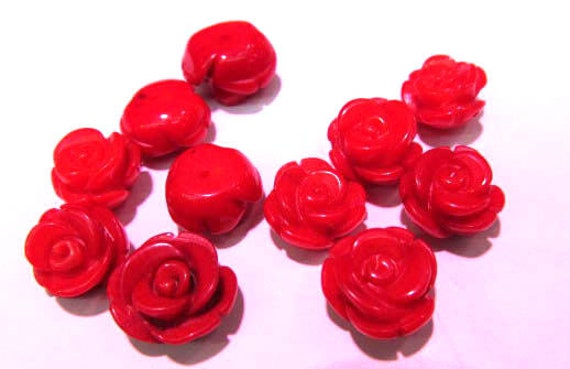 10pcs 8-12mm Half Drilled,red/pink--Natural Bamboo Coral,Rose Flower Fluorial carved Beads,earring rings necklace draft supplies