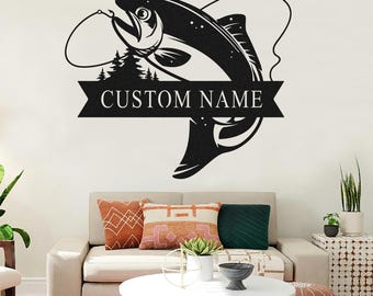 Custom SalmonMetal Monogram, Custom Name Sign,Fishing Sign,Man Cave,Personalized Fishing Metal Art,Fishing Decor for Dad,Fisherman Gift