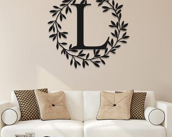 Decorazioni con lettere personalizzate, decorazioni da parete con monogramma, insegne in metallo, decorazioni per la casa con foglie, insegne personalizzate con nome di famiglia, decorazioni per porte d'ingresso, decorazioni per la casa