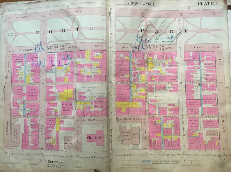 1907 Allegheny City Pittsburgh Pennsylvania Ohio Street to North Avenue /& Sherman Avenue to Union Avenue ATLAS MAP Reproduction