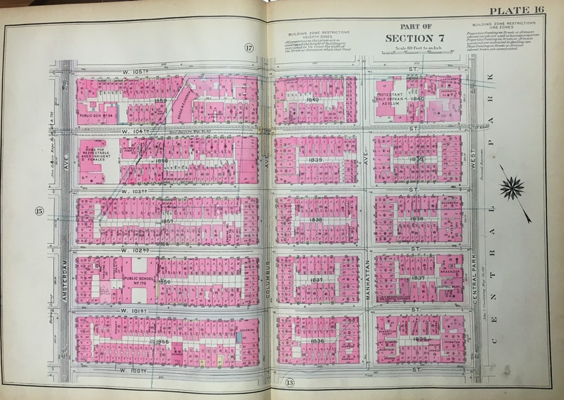 1921 Manhattan New York W 105th Street /& Amsterdam Avenue to Central Park ATLAS MAP Reproduction 100th Street to W