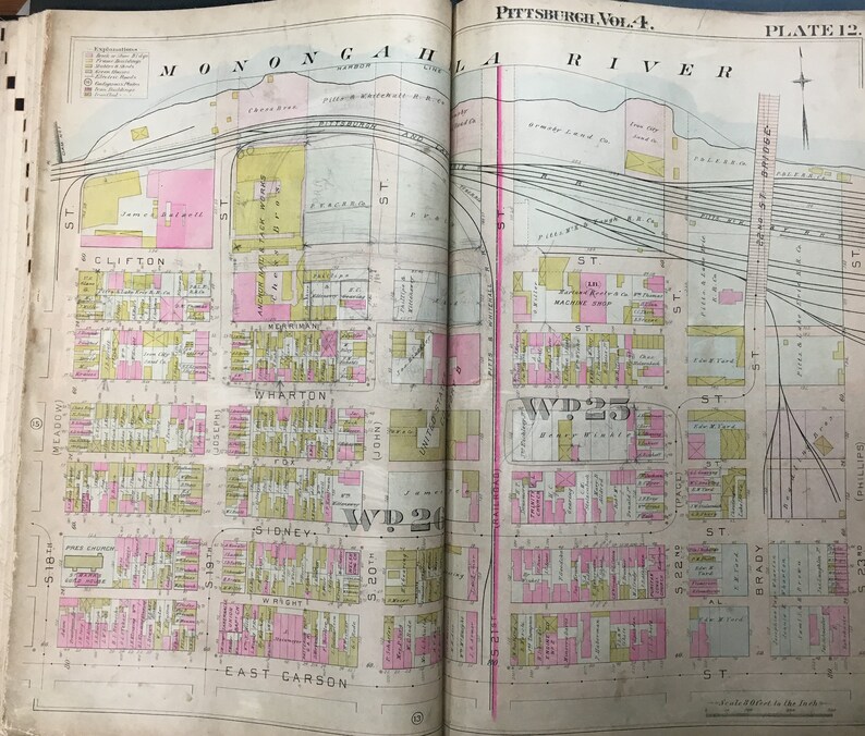 1901 South Side Pittsburgh Pennsylvania South 18th Street to South 23rd Street /& East Carson to Monogahela River ATLAS MAP Reproduction