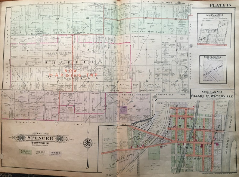 1924 Spencer Sharples Harding /& Waterville Townships Lucas County Ohio Atlas Map Reproduction