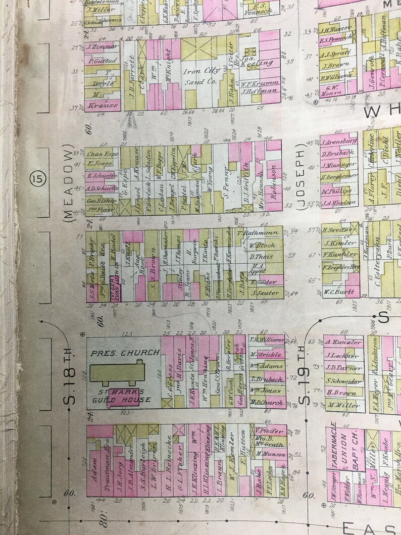 1901 South Side Pittsburgh Pennsylvania South 18th Street to South 23rd Street /& East Carson to Monogahela River ATLAS MAP Reproduction